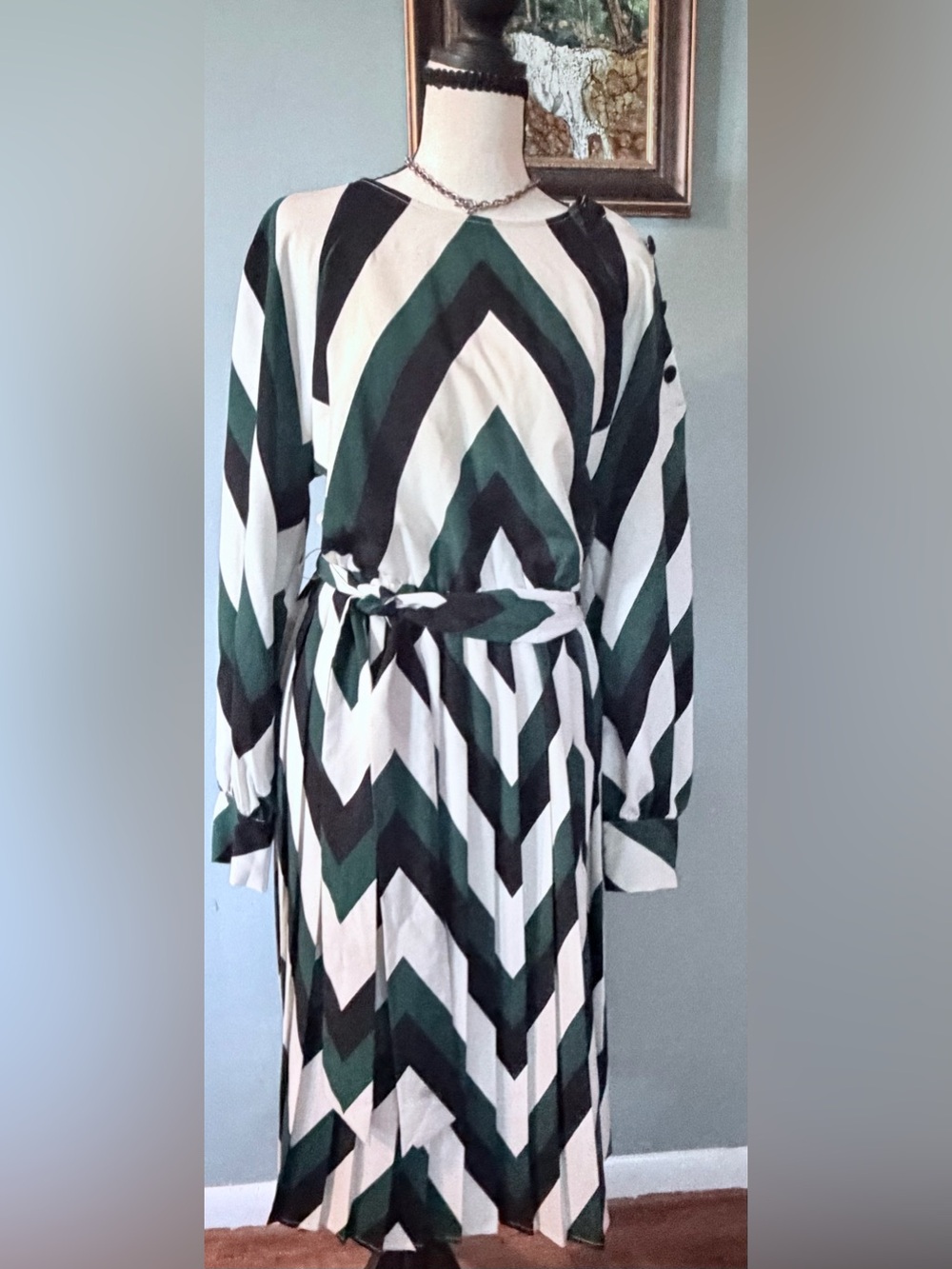 Who What Wear Lana Chevron Pleated Midi Dress Green & Black L NWT